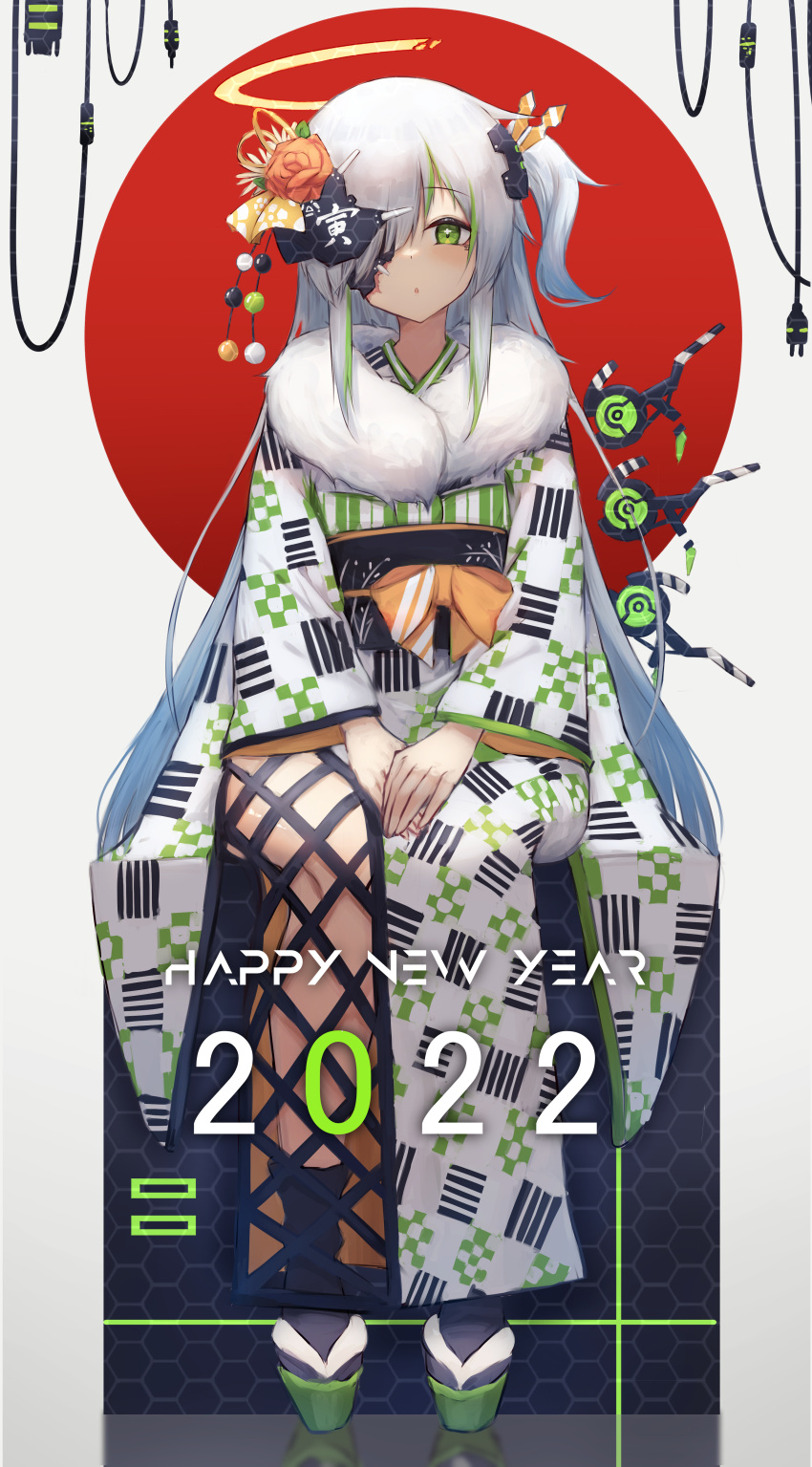 1girl absurdres bangs black_legwear commentary_request eyebrows_visible_through_hair flower full_body fur_trim green_eyes green_hair hair_flower hair_ornament hair_over_one_eye highres inre_kemomimi japanese_clothes kimono long_hair long_sleeves looking_at_viewer multicolored_hair obi one_side_up orange_flower orange_rose original own_hands_together rose sandals sash sidelocks silver_hair sitting socks solo streaked_hair v_arms very_long_hair white_kimono wide_sleeves