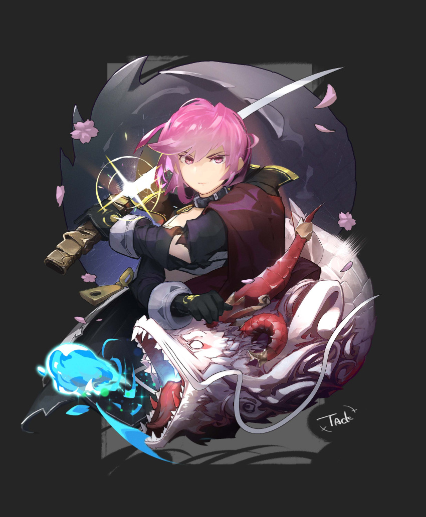1girl absurdres alchemy_stars armband artist_name black_coat black_gloves cherry_blossoms coat collar cropped_torso dragon fireball glint gloves grey_background highres hiiro_(alchemy_stars) holding holding_sword holding_weapon katana long_sleeves looking_at_viewer pink_eyes pink_hair sarashi short_hair solo sword tack_(tack1031) torn_coat upper_body v-shaped_eyebrows weapon