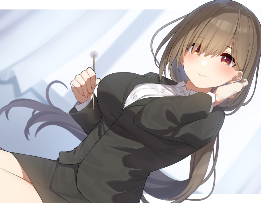 1girl breasts brown_eyes brown_hair dutch_angle go-1 hair_over_one_eye hair_tucking highres lap_pillow_invitation large_breasts long_hair mimikaki office_lady original pencil_skirt ponytail skirt solo