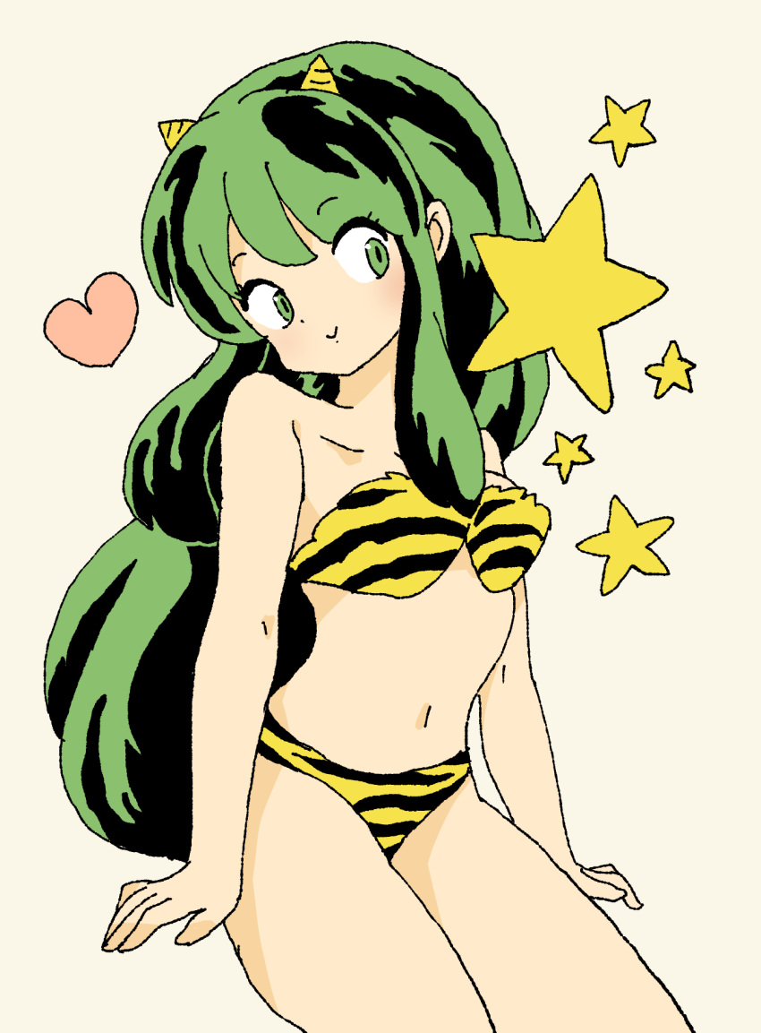 1girl animal_print bare_arms bare_shoulders bikini brown_background closed_mouth collarbone commentary_request green_eyes green_hair head_tilt heart highres horns long_hair lum navel oni oni_horns print_bikini simple_background sitting smile solo star_(symbol) swimsuit tiger_print urusei_yatsura very_long_hair yellow_bikini yukimoto_shuuji_(gurigura)