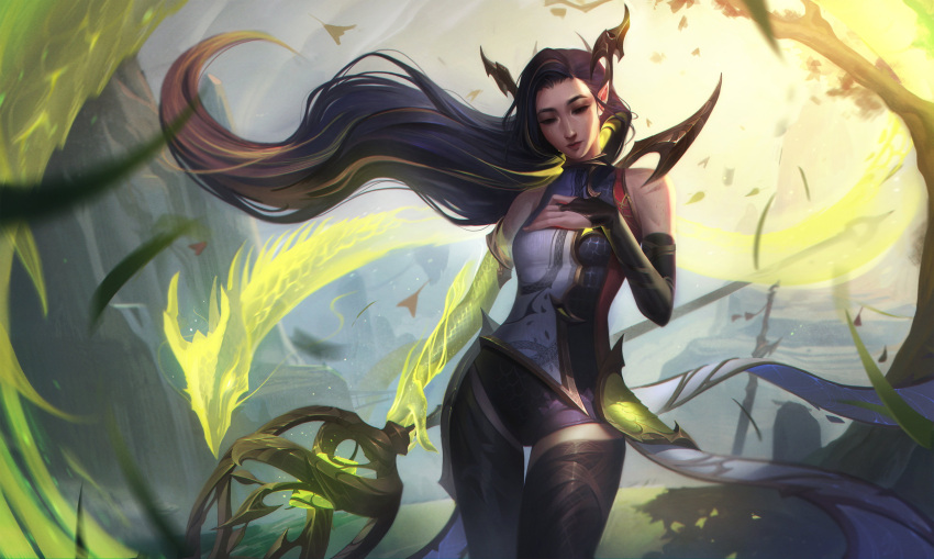 1girl absurdres alternate_costume bare_shoulders bridal_gauntlets closed_eyes facing_viewer glowing glowing_hair highres janna_(league_of_legends) league_of_legends long_hair looking_down pointy_ears solo thigh_gap thighs vincent_t_(oriaarts)