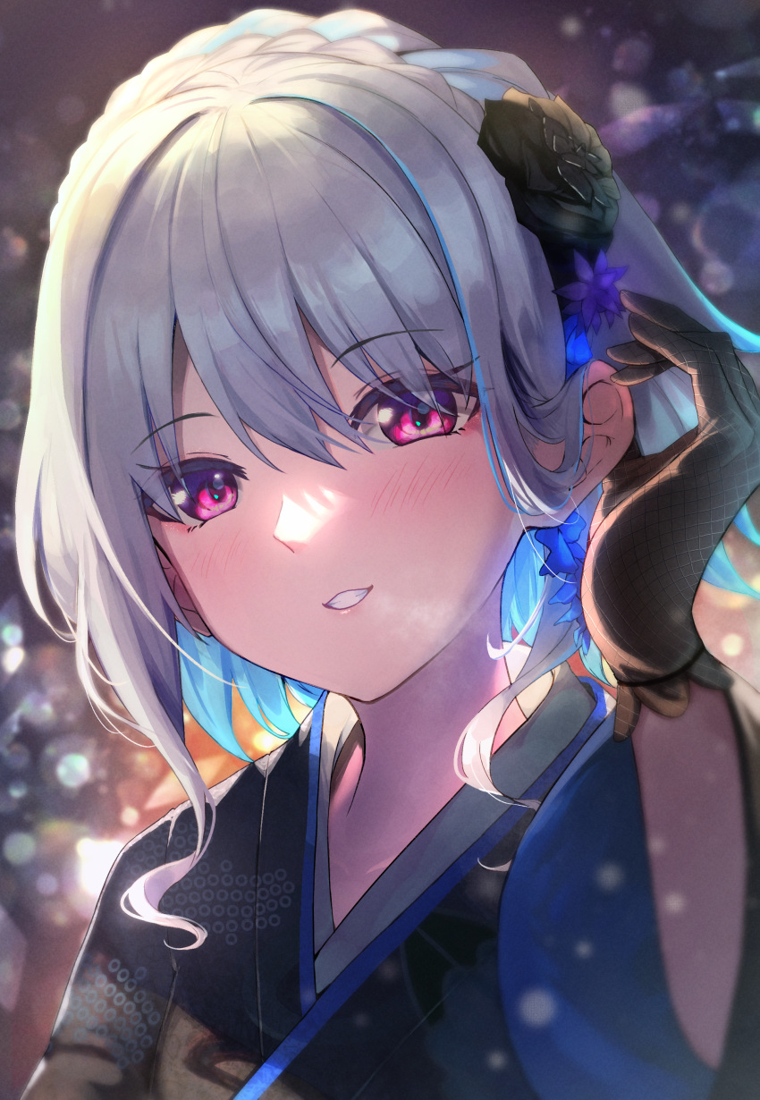 1girl absurdres anemone_noa bangs black_gloves blue_hair colored_inner_hair commentary_request eyebrows_visible_through_hair eyes_visible_through_hair gloves hair_between_eyes highres japanese_clothes kimono lize_helesta looking_at_viewer multicolored_hair nijisanji parted_lips portrait short_hair silver_hair solo virtual_youtuber