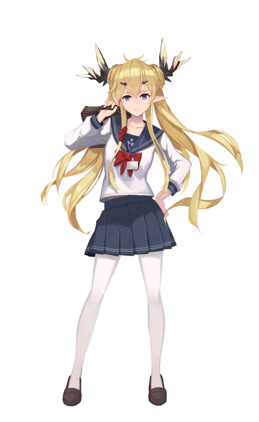 1girl absurdres alternate_costume arknights arm_up bag bangs black_sailor_collar black_skirt blonde_hair bow brown_footwear closed_mouth collarbone hand_on_hip highres holding holding_bag horns huai_chuan id_card leizi_(arknights) loafers long_hair long_sleeves looking_at_viewer miniskirt pantyhose pleated_skirt pointy_ears red_bow sailor_collar school_briefcase school_uniform serafuku shirt shoes sidelocks skirt smile solo standing twintails very_long_hair violet_eyes white_legwear white_shirt