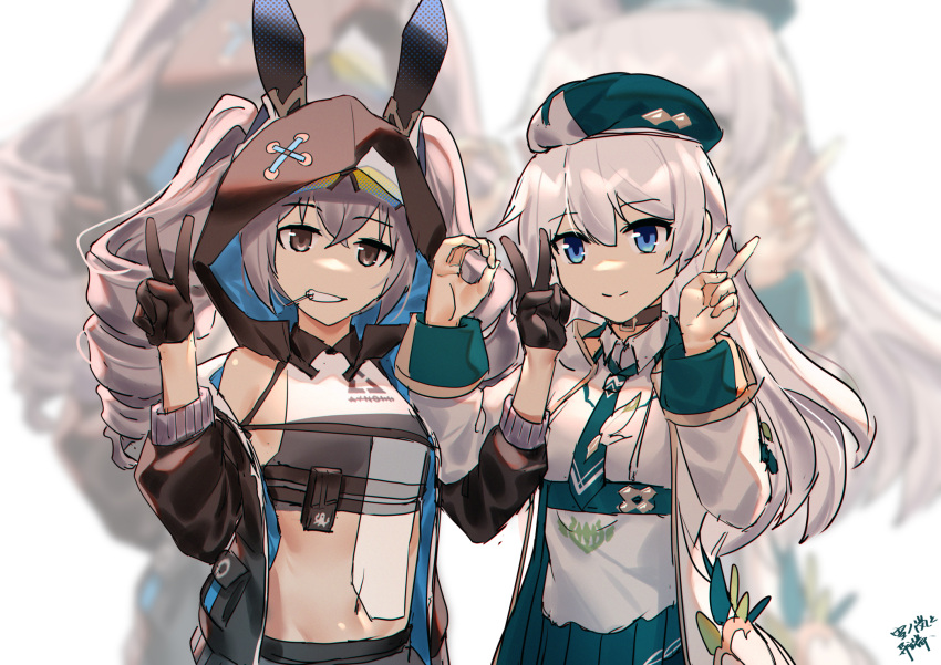 2girls animal_hood bangs bare_shoulders beret black_gloves black_jacket blue_eyes border bronya_zaychik bronya_zaychik_(haxxor_bunny) bunny_hood closed_mouth coat double_v drill_hair gloves green_headwear green_necktie grey_eyes grey_hair grin hat highres honkai_(series) honkai_impact_3rd hood in_mouth jacket long_hair long_sleeves looking_at_viewer multiple_girls navel necktie open_clothes open_jacket shirt simple_background smile teeth theresa_apocalypse theresa_apocalypse_(twilight_paladin) twin_drills v white_background white_coat white_hair white_shirt yiduan_zhu