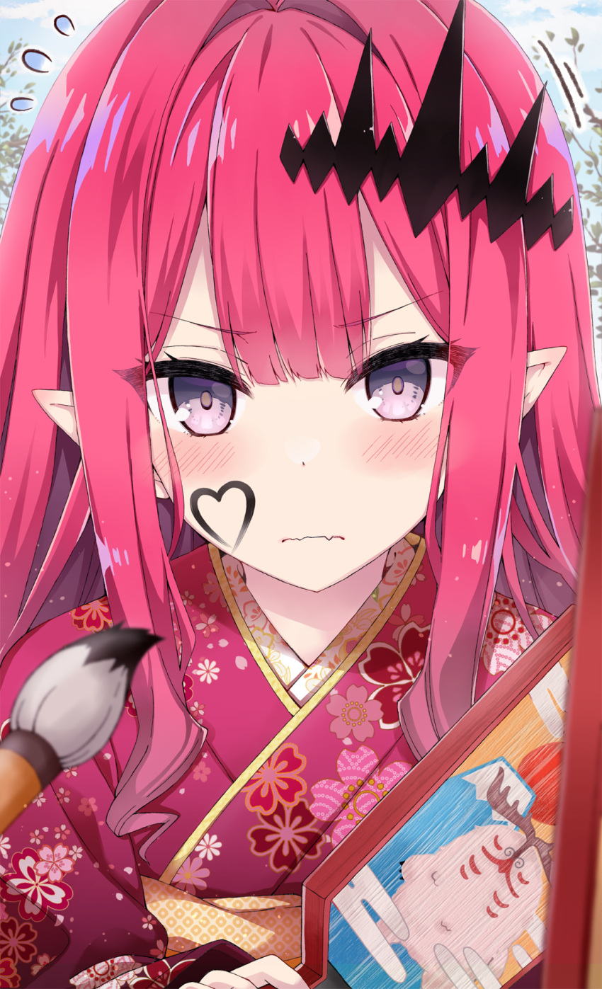 1girl blush brush calligraphy_brush commentary_request eyebrows_visible_through_hair eyes_visible_through_hair face fairy_knight_tristan_(fate) fate/grand_order fate_(series) hair_between_eyes hair_ornament highres japanese_clothes kimono looking_at_viewer paintbrush pink_hair pointy_ears rioshi violet_eyes