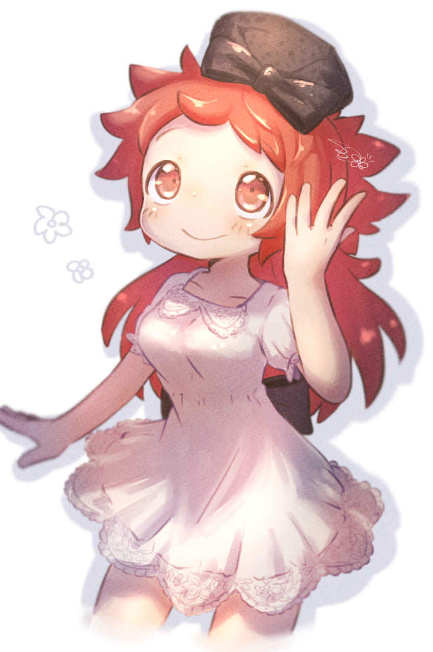 back_bow bandam bangs bare_arms black_headwear blush bow breasts cowboy_shot dress drop_shadow hand_up hat highres long_hair looking_away looking_up made_in_abyss mitty_(made_in_abyss) mitty_(made_in_abyss)_(human) puffy_short_sleeves puffy_sleeves red_eyes redhead short_sleeves smile solo white_background white_dress