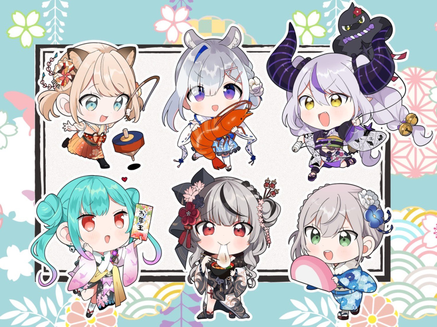 6+girls amane_kanata animal_ear_fluff animal_ears animal_on_head bangs bell bird bird_on_head black_hair blonde_hair blue_eyes blue_hair blue_kimono blue_skirt bowl braid chibi chopsticks commentary_request crow_(la+_darknesss) demon_horns double_bun eating eyebrows_visible_through_hair eyes_visible_through_hair floral_print flower food food_in_mouth frilled_skirt frills gradient_hair green_eyes green_hair hair_bell hair_between_eyes hair_flower hair_ornament hair_stick hakama hakama_skirt heart holding holding_bowl holding_chopsticks holding_food hololive horns hutaba_haru japanese_clothes jingle_bell kazama_iroha kimono la+_darknesss long_hair long_sleeves multicolored_hair multiple_girls on_head print_kimono purple_hair red_eyes red_hakama sakamata_chloe sandals shirogane_noel short_hair shrimp silver_hair skirt streaked_hair twintails uruha_rushia violet_eyes virtual_youtuber yellow_eyes