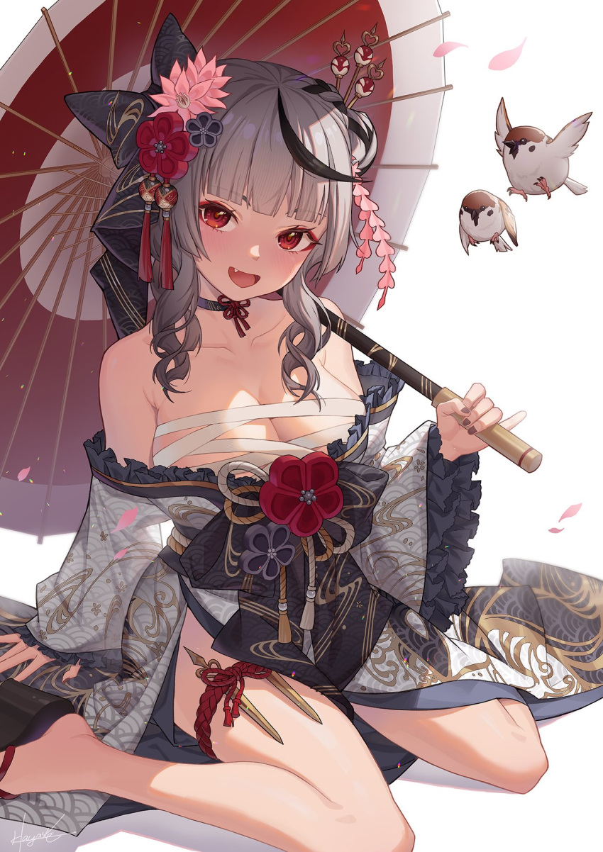 1girl bandages bird breasts budget_sarashi chest_sarashi highres hololive japanese_clothes kimono large_breasts leaf98k midriff midriff_sarashi oil-paper_umbrella red_eyes sakamata_chloe sarashi simple_background solo umbrella virtual_youtuber white_background