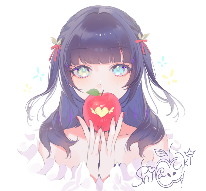 1girl apple bangs bare_shoulders birthday black_hair blush braid braided_ponytail collarbone commentary english_commentary eyebrows_visible_through_hair food frills fruit green_eyes hair_ornament hands_up happy_birthday highres holding holding_food holding_fruit kano_shirayuki leaf long_eyelashes long_hair looking_at_viewer nail_polish ohisashiburi project_luminasys red_nails red_ribbon ribbon simple_background solo twintails white_background