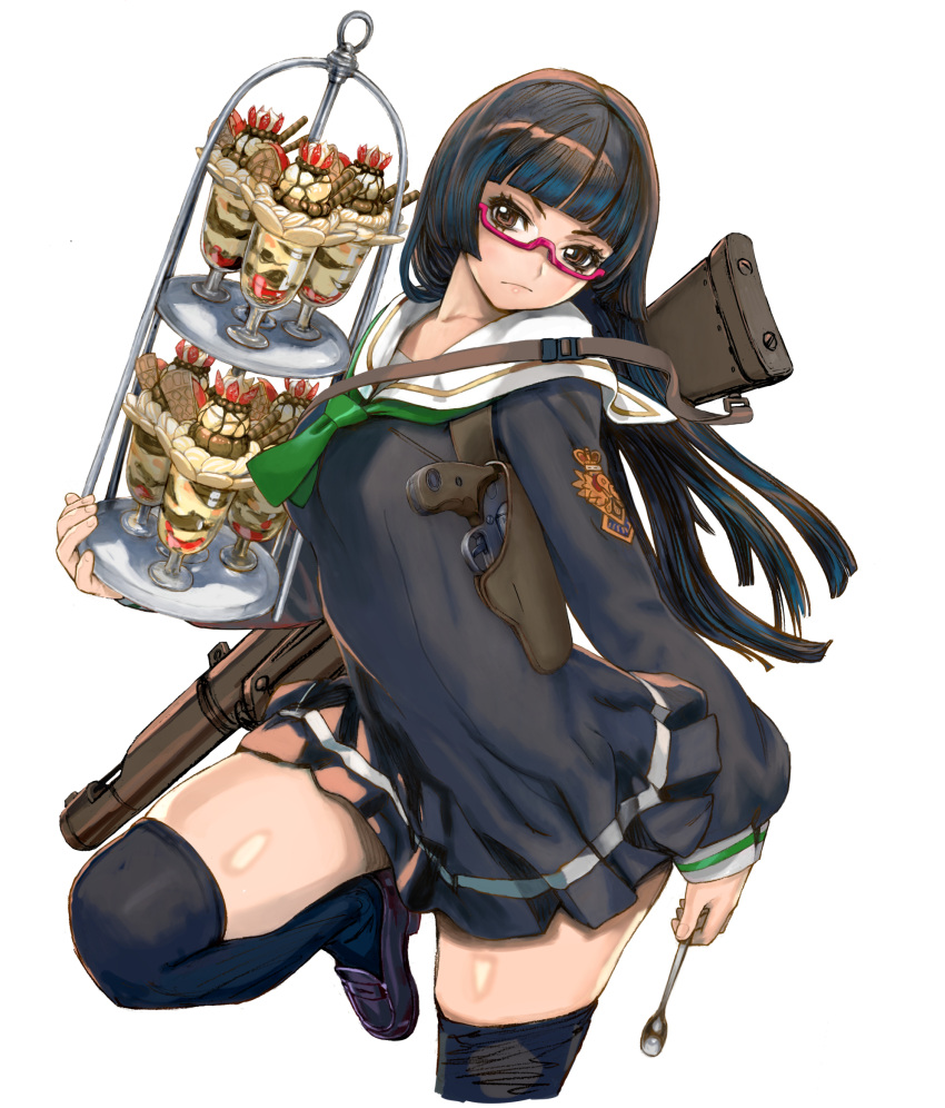 1girl black_footwear black_hair breasts brown_hair chiaki_kurihara dessert expressionless food food_request glass_container green_neckerchief highres hime_cut holster loafers looking_at_viewer medium_breasts miniskirt miniskirt_pirates neckerchief red-framed_eyewear rifle_on_back sailor_collar school_uniform semi-rimless_eyewear shiny shiny_skin shoes shoulder_holster skindentation skirt solo spoon standing standing_on_one_leg thigh-highs thighs under-rim_eyewear white_background yasuda_akira