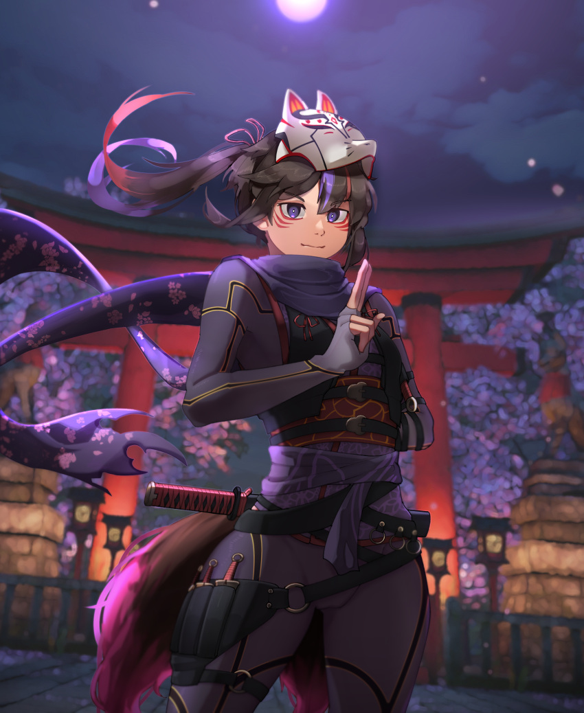 absurdres arm_behind_back belt black_hair bodysuit bright_pupils cherry_blossoms closed_mouth clouds cloudy_sky dagger eyebrows_visible_through_hair facial_mark fox_mask fox_tail h.pn hand_gesture highres knife kunimitsu_(tekken) kunimitsu_ii long_hair looking_at_viewer mask mask_on_head mask_removed moon multicolored_hair namco night night_sky ninja outdoors patterned patterned_clothing petals purple_hair purple_scarf redhead scarf sheath sheathed sky statue streaked_hair sword tail tekken tekken_7 throwing_knife torii torn torn_clothes torn_scarf tree violet_eyes weapon white_pupils