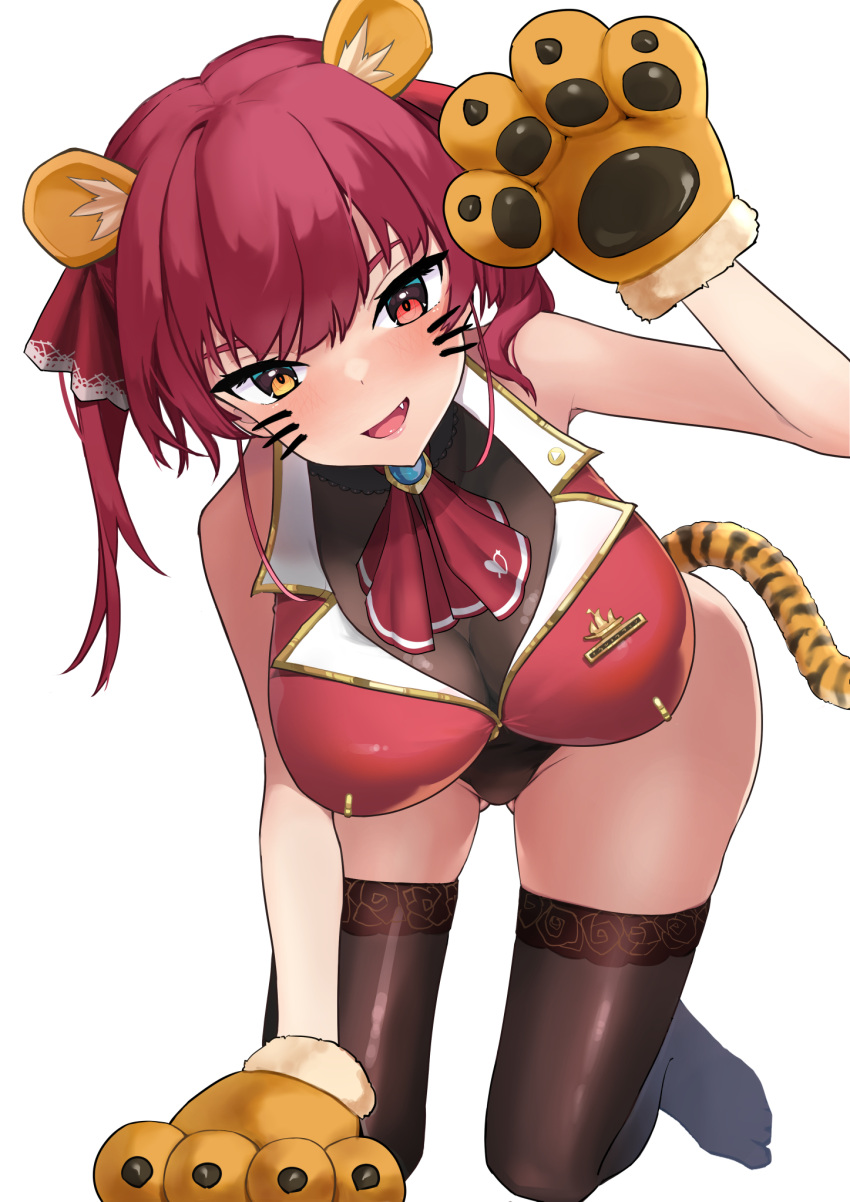 1girl animal_ears animal_hands arrow_through_heart ascot ass_visible_through_thighs bangs breasts brooch chinese_zodiac eyebrows_behind_hair fang full_body fur-trimmed_gloves fur_trim gloves gold_trim hair_ribbon heart heterochromia highres hololive houshou_marine jacket jewelry large_breasts leotard long_hair looking_at_viewer open_mouth oritonagi paw_gloves red_eyes red_jacket red_ribbon redhead ribbon sheer_leotard simple_background sleeveless sleeveless_jacket smile solo tail thigh-highs thighs tiger_ears tiger_tail twintails virtual_youtuber whiskers white_background year_of_the_tiger yellow_eyes