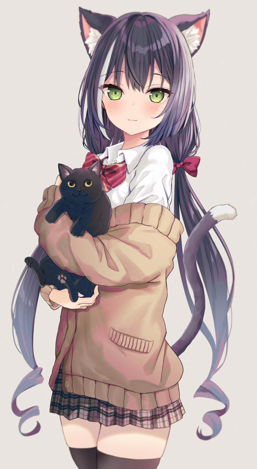 1girl akino_ell animal animal_ears bangs black_cat black_legwear blush bow bowtie cat cat_ears cat_girl cat_tail closed_mouth collared_shirt cowboy_shot eyebrows_visible_through_hair green_eyes hair_bow hair_ornament highres holding holding_animal holding_cat karyl_(princess_connect!) long_hair long_sleeves looking_at_viewer princess_connect! red_bow red_bowtie shirt simple_background skirt smile tail thigh-highs thighs white_shirt