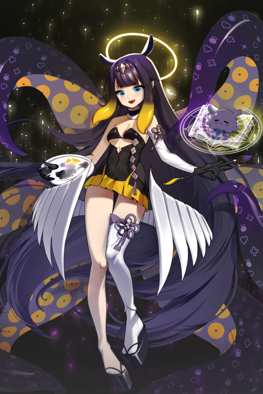 1girl :d absurdly_long_hair absurdres animal_ears black_dress black_footwear black_gloves blonde_hair blue_eyes blush book breasts commentary detached_sleeves dress fang full_body gloves halo highres holding holding_paintbrush holding_palette hololive hololive_english long_hair long_sleeves looking_at_viewer multicolored_hair ninomae_ina'nis open_book paintbrush palette_(object) pointy_ears purple_hair sandals sbgu single_detached_sleeve single_thighhigh small_breasts smile solo strapless strapless_dress streaked_hair tako_(ninomae_ina'nis) tentacles thigh-highs very_long_hair white_legwear
