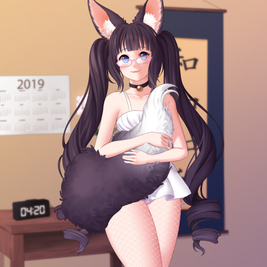 1girl alarm_clock animal_ears bangs bell black_hair blue_eyes blunt_bangs blush calendar_(object) choker clock closed_mouth collarbone commission eyebrows_visible_through_hair fox_ears fox_girl fox_tail glasses highres long_hair looking_at_viewer neck_bell original pink-framed_eyewear smile solo susukitten tail twintails