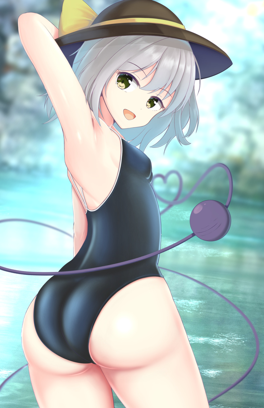 1girl absurdres arms_behind_head ass back blue_swimsuit bow breasts competition_school_swimsuit cowboy_shot eyeball grey_hair hat hat_bow hat_ribbon heart heart_of_string highres komeiji_koishi looking_at_viewer looking_back looking_to_the_side medium_hair one-piece_swimsuit open_mouth outdoors ribbon school_swimsuit small_breasts smile solo str11x string swimsuit third_eye touhou water wavy_hair yellow_bow yellow_eyes yellow_ribbon