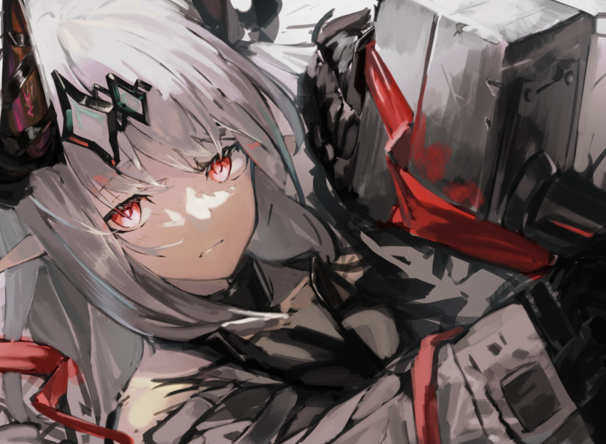 1girl arknights bangs black_gloves dora_waku2 eyebrows_visible_through_hair gloves hair_ornament hammer highres holding holding_hammer holding_weapon horns long_hair long_sleeves looking_at_viewer mudrock_(arknights) parted_lips pointy_ears red_eyes silver_hair solo upper_body weapon