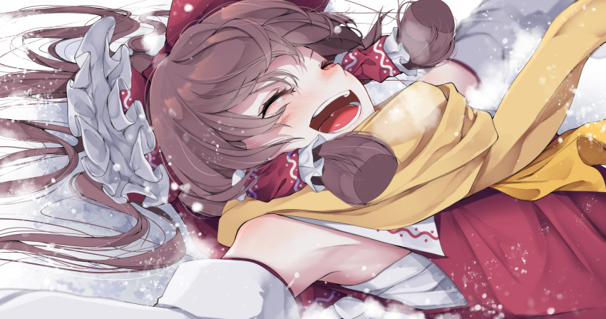 1girl absurdres ascot bare_shoulders black_hair bow closed_eyes detached_sleeves hair_bow hair_tubes hakurei_reimu highres japanese_clothes lying medium_hair nontraditional_miko open_mouth red_bow ribbon-trimmed_sleeves ribbon_trim sarashi scarf sidelocks smile snow solo touhou tsune_(tune) wide_sleeves yellow_ascot yellow_scarf