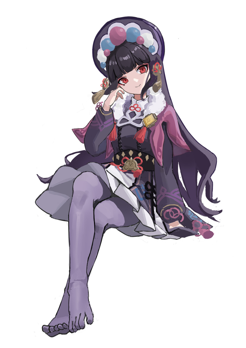 1girl absurdres bangs blunt_bangs bonnet dress full_body genshin_impact highres hime_cut illusionary-cat long_sleeves looking_at_viewer pantyhose purple_hair purple_legwear red_eyes simple_background smile toes vision_(genshin_impact) white_background yun_jin_(genshin_impact)