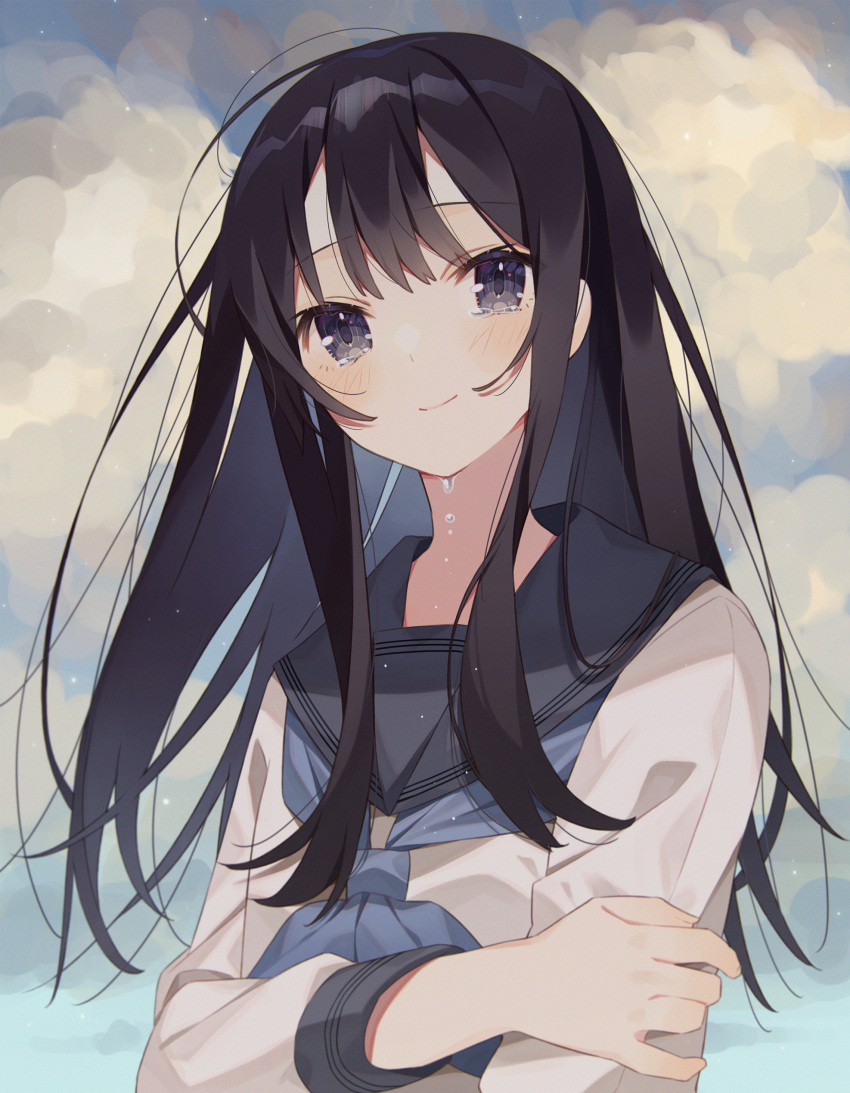 1girl absurdres black_eyes black_hair black_sailor_collar blue_neckwear blue_sky blush closed_mouth clouds cloudy_sky commentary_request crying crying_with_eyes_open day highres long_hair long_sleeves looking_at_viewer minasenagi neckerchief original outdoors sailor_collar school_uniform serafuku shirt sky smile solo tears upper_body very_long_hair white_shirt