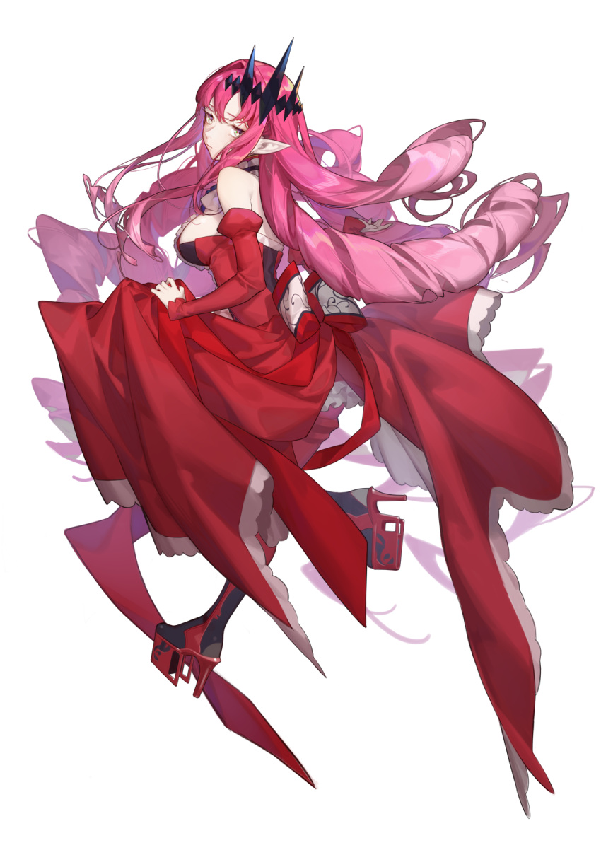 1girl bare_shoulders breasts commentary_request detached_sleeves dress drill_hair fairy_knight_tristan_(fate) fate/grand_order fate_(series) grey_eyes hair_ornament high_heels highres large_breasts long_dress long_hair looking_at_viewer looking_back pale_skin pink_hair pointy_ears quad_drills red_cucumber red_dress red_footwear red_sleeves simple_background solo very_long_hair white_background