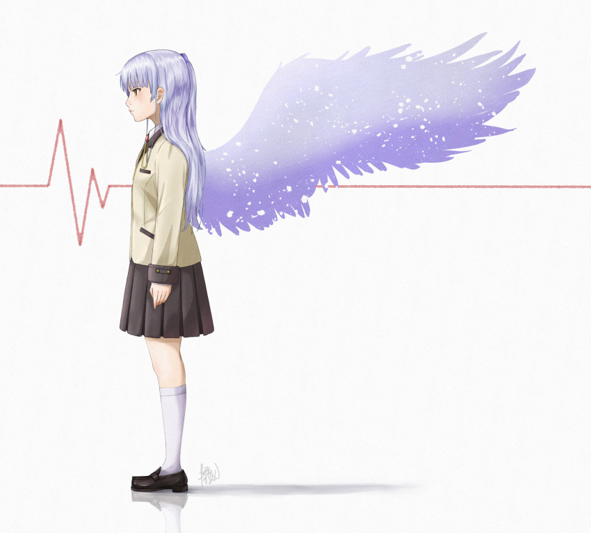 1girl angel_beats! beige_jacket black_footwear black_skirt full_body highres kneehighs loafers long_hair pleated_skirt profile school_uniform shoes silver_hair skirt solo standing tachibana_kanade takachiho_rion white_background white_legwear wings yellow_eyes