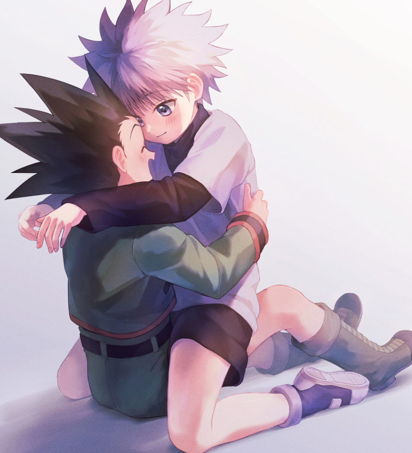2boys artist_request commentary_request couple eyebrows_visible_through_hair gon_freecss green_footwear green_hair highres hug hunter_x_hunter killua_zoldyck looking_at_another multiple_boys shorts simple_background sitting sitting_on_person white_hair