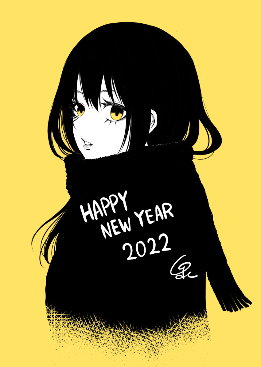 1girl bangs black_hair commentary_request eyelashes hair_between_eyes happy_new_year highres izumi_(toubun_kata) long_hair looking_at_viewer mieruko-chan new_year parted_lips sidelocks simple_background solo upper_body winter_clothes yellow_background yellow_eyes yotsuya_miko