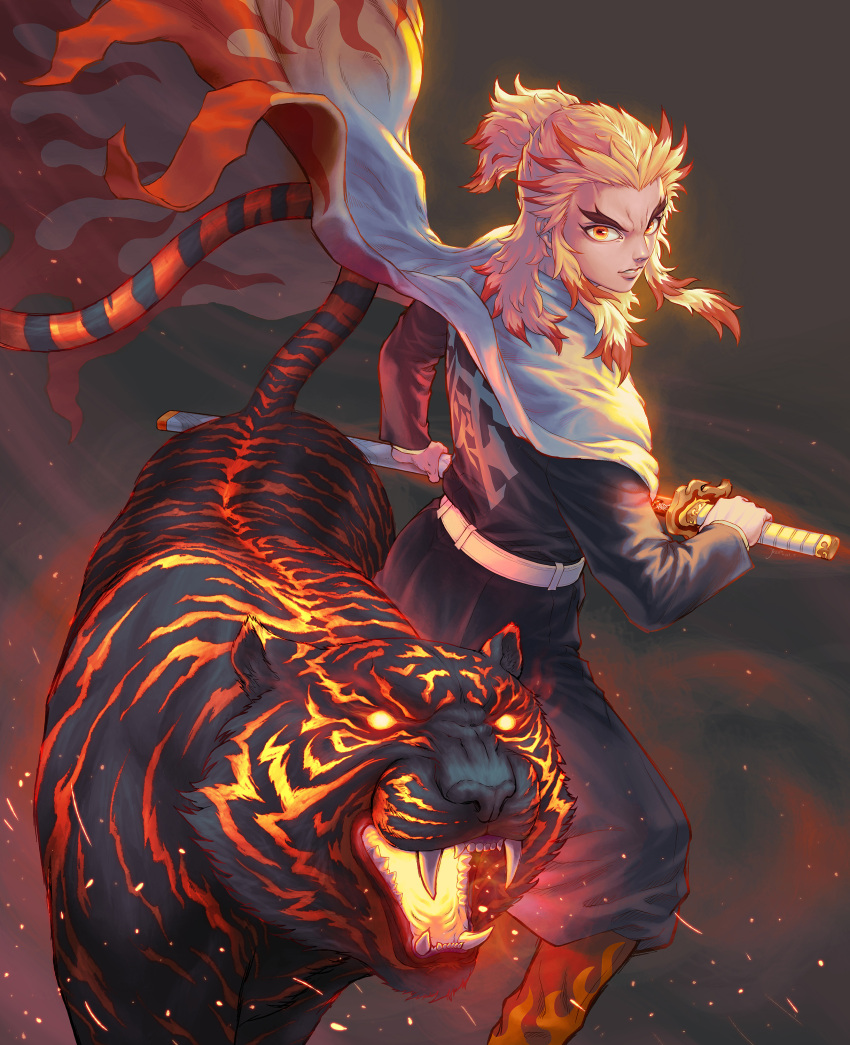 1boy absurdres animal belt bensonwu black_background blonde_hair boots cape cape_lift clothes_writing colored_tips eyebrows feet_out_of_frame fighting_stance fire flame_print furrowed_brow glowing glowing_eyes glowing_mouth half_updo highres holding holding_sword holding_weapon jacket katana kimetsu_no_yaiba knee_boots lips long_sleeves looking_at_viewer male_focus medium_hair multicolored_hair pants pants_tucked_in parted_lips ready_to_draw red_eyes redhead rengoku_kyoujurou sidelocks standing sword two-tone_hair uniform weapon white_cape