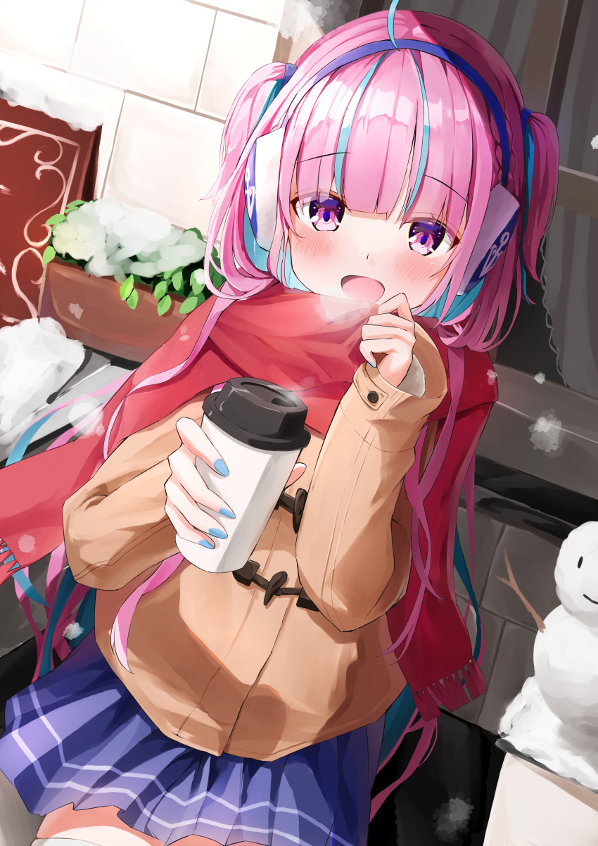 1girl absurdres alternate_costume bangs blue_hair blue_nails blue_skirt blush brick_wall brown_coat coat coffee commentary_request cowboy_shot cup earmuffs eyebrows_visible_through_hair headphones highres holding holding_cup hololive long_hair long_sleeves matcha_(user_yyss8744) minato_aqua multicolored_hair nail_polish open_mouth outdoors pink_hair pleated_skirt red_scarf sandwich_board scarf skirt smile snow snowman solo streaked_hair very_long_hair violet_eyes virtual_youtuber visible_air winter winter_clothes