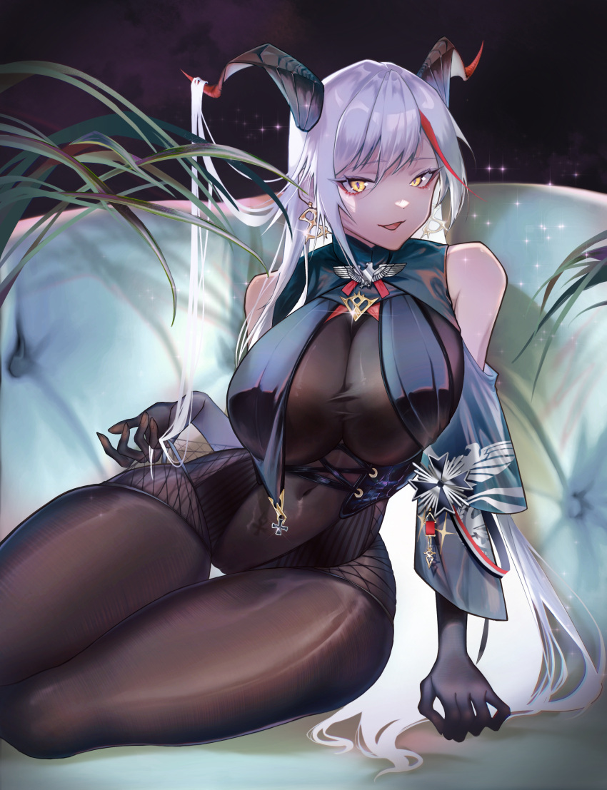 1girl absurdres aegir_(azur_lane) azur_lane bare_shoulders black_cape black_gloves bodystocking bodysuit breast_curtains breasts cape covered_navel cross cross-laced_clothes cross_earrings demon_horns earrings elbow_gloves gloves hair_on_horn highres horns huge_breasts impossible_bodysuit impossible_clothes iron_cross jewelry kestie_choi long_hair multicolored_hair pulled_by_self redhead skindentation solo streaked_hair thighs two-tone_hair underbust very_long_hair white_hair yellow_eyes