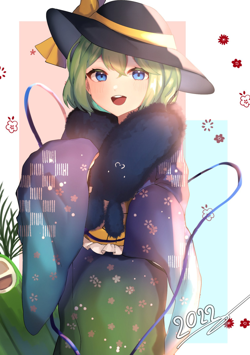 1girl 2022 :d adapted_costume bamboo blue_eyes blush cowboy_shot eyebrows_behind_hair floral_print green_hair hair_between_eyes hat highres komeiji_koishi looking_at_viewer majime_joe scarf short_hair sleeves_past_fingers sleeves_past_wrists smile solo touhou wide_sleeves