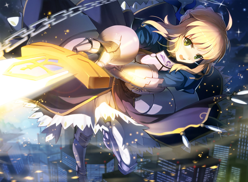 1girl a3eilm2s2y ahoge artoria_pendragon_(all) blonde_hair blue_ribbon breasts cleavage_cutout clothing_cutout excalibur_(fate/stay_night) fate/grand_order fate/stay_night fate_(series) green_eyes hair_bun hair_ribbon holding holding_weapon juliet_sleeves long_sleeves medium_breasts puffy_sleeves ribbon saber solo sword weapon