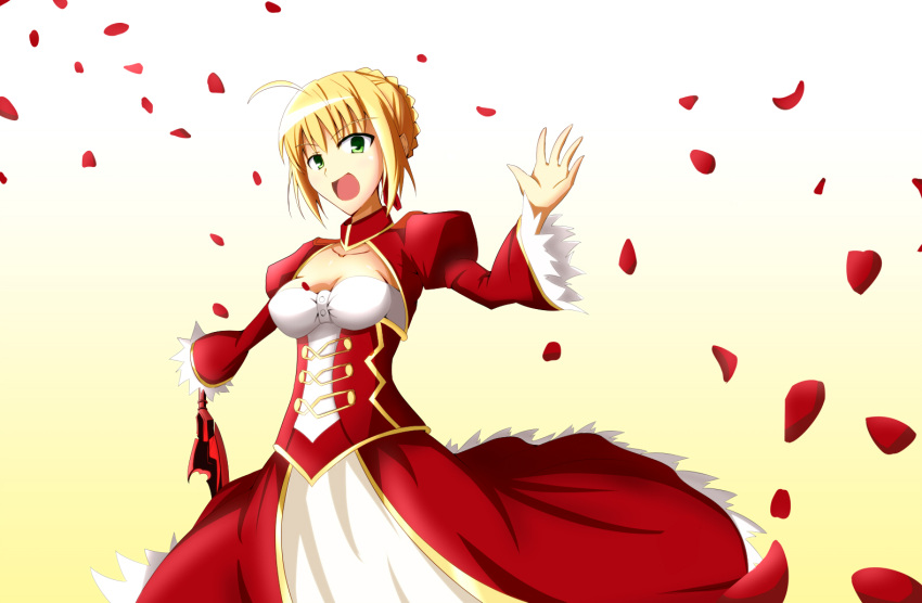 1girl aestus_estus ahoge blonde_hair braid breasts cleavage commentary_request dress epaulettes fate/extra fate/grand_order fate_(series) french_braid green_eyes hair_intakes hair_ribbon juliet_sleeves kuro_(pixiv3753733) large_breasts long_sleeves nero_claudius_(fate) nero_claudius_(fate)_(all) puffy_sleeves red_dress red_ribbon ribbon saber_extra see-through solo wide_sleeves