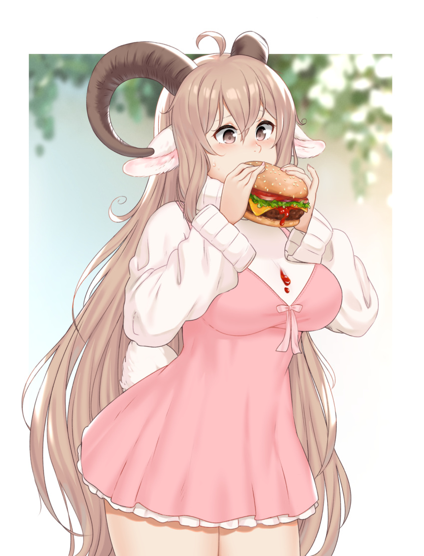 1girl animal_ears blush breasts brown_eyes brown_hair burger eating food highres holding holding_food horns large_breasts long_hair long_sleeves looking_away original sheep_ears sheep_girl sheep_horns solo susukitten very_long_hair