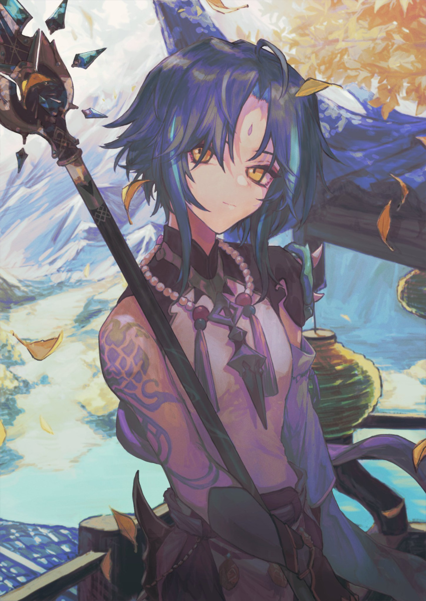 1boy ahoge arm_tattoo bead_necklace beads black_hair blue_hair closed_mouth facial_mark forehead_mark genshin_impact gloves highres holding holding_weapon jewelry kmkm_panna lantern leaf looking_at_viewer male_focus mask multicolored_hair necklace outdoors polearm solo spear tassel tattoo weapon xiao_(genshin_impact) yellow_eyes