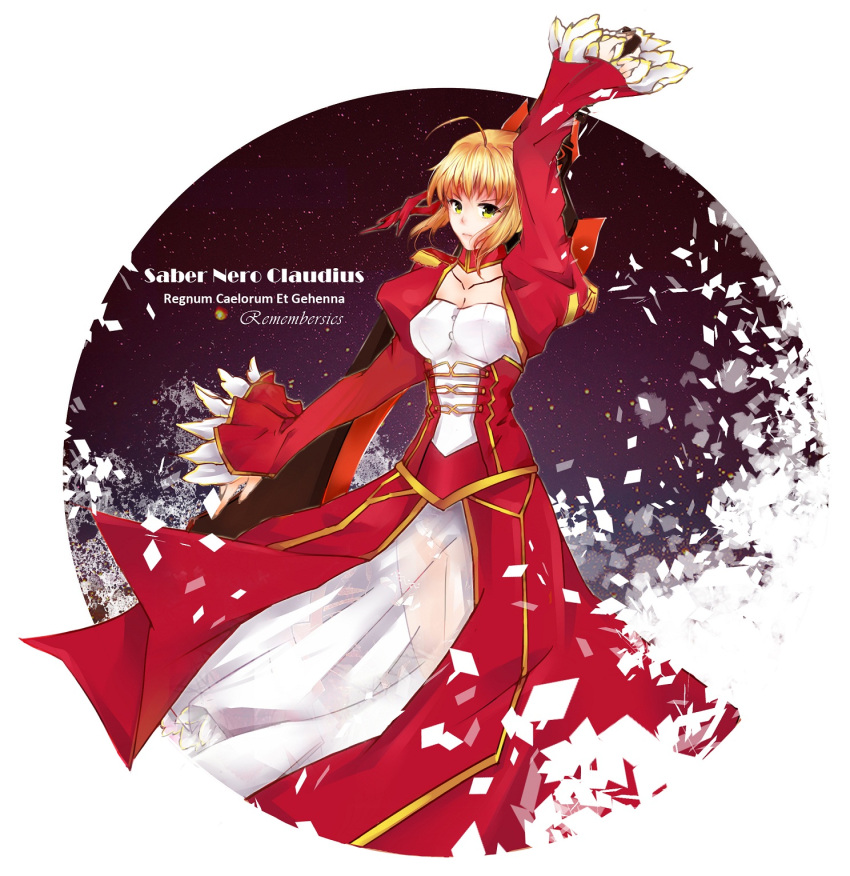 1girl aestus_estus ahoge blonde_hair braid breasts cleavage commentary_request dress epaulettes fate/extra fate/grand_order fate_(series) french_braid green_eyes hair_intakes hair_ribbon juliet_sleeves large_breasts long_sleeves nero_claudius_(fate) nero_claudius_(fate)_(all) puffy_sleeves red_dress red_ribbon remembersics ribbon saber_extra see-through solo wide_sleeves