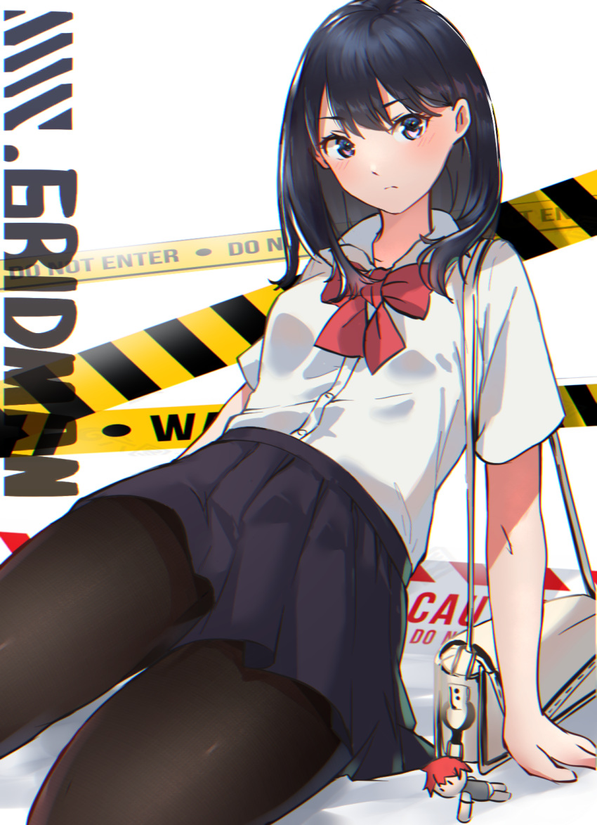 1girl bag bangs black_hair black_skirt blue_eyes blush bow bowtie breasts brown_legwear collared_shirt dress_shirt gridman_universe highres long_hair looking_at_viewer medium_breasts nakagawa_kanon_(pixiv32798535) pantyhose pleated_skirt red_neckwear revision shirt short_sleeves shoulder_bag skirt ssss.gridman takarada_rikka thighs white_shirt