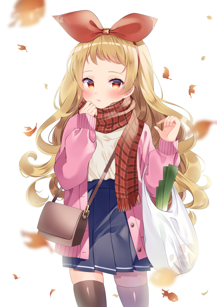 1girl absurdres alternate_costume autumn autumn_leaves azur_lane bag beige_sweater black_legwear blonde_hair blue_skirt blush bow cardigan commentary_request commission cowboy_shot falling_leaves forehead groceries grocery_bag hair_bow hairband handbag highres jenkins_(azur_lane) leaf leek long_hair looking_at_viewer mymerody4649 nail_polish open_cardigan open_clothes pink_cardigan pink_nails plaid plaid_scarf pleated_skirt red_bow red_eyes red_scarf scarf shopping_bag sidelocks simple_background skeb_commission skindentation skirt sleeves_past_wrists solo standing thigh-highs white_background