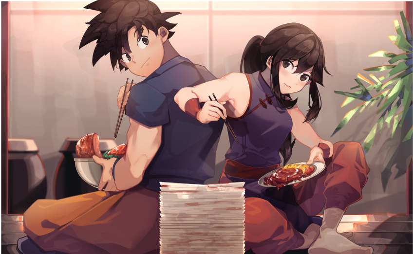 1boy 1girl absurdres back-to-back bare_shoulders border bowl brown_eyes brown_hair chi-chi_(dragon_ball) chinese_clothes chopsticks closed_mouth dragon_ball dragon_ball_(classic) eating eyebrows_visible_through_hair food h.pn hair_between_eyes highres holding holding_bowl holding_chopsticks holding_plate long_hair looking_at_another lower_teeth meat no_shoes plant plate ponytail potted_plant sitting smile socks son_goku teeth white_border wristband