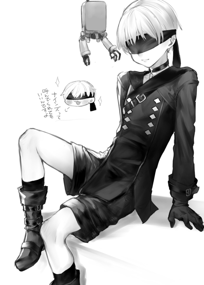 1boy :3 =3 bangs blindfold blush boots choker closed_mouth commentary_request gloves greyscale highres jacket kneehighs long_sleeves male_focus monochrome multiple_views nier_(series) nier_automata nuntarou_(niudon_kajika) open_mouth pod_(nier_automata) shorts simple_background sitting sparkle translation_request yorha_no._9_type_s