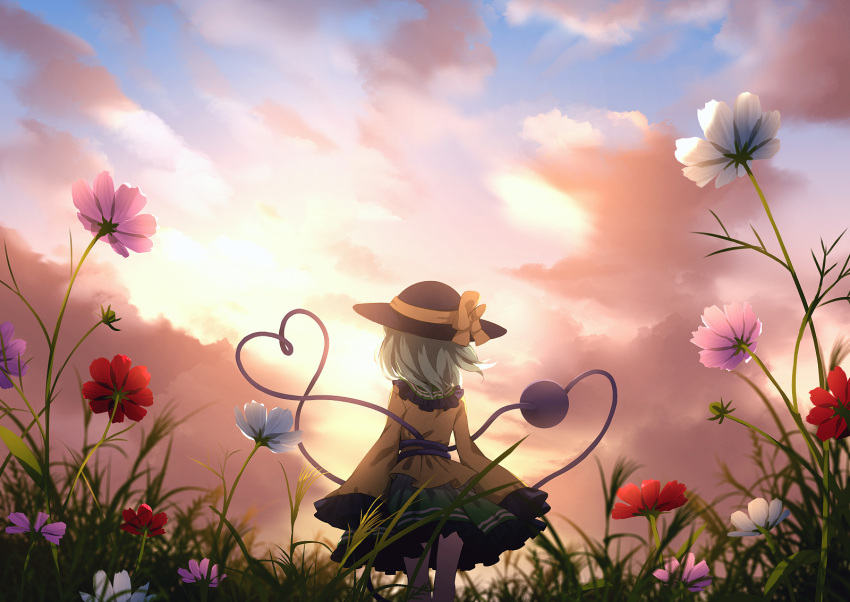 1girl black_headwear clouds cloudy_sky dise facing_away flower frilled_shirt_collar frilled_skirt frilled_sleeves frills from_behind grass green_hair green_skirt hat hat_ribbon heart heart_of_string highres komeiji_koishi long_sleeves looking_away ribbon shirt short_hair skirt sky solo string thighs third_eye touhou wide_sleeves yellow_ribbon yellow_shirt