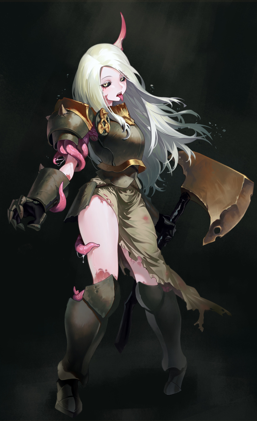 1girl absurdres armor armored_boots axe battle_axe black_background black_sclera boots breastplate chaos_(warhammer) colored_sclera colored_skin eyebrows_visible_through_hair gauntlets gemi_ningen highres holding holding_axe horns long_hair nurgle pauldrons scar sharp_teeth sharp_tongue shoulder_armor single_horn teeth tentacles tentacles_under_clothes tongue tongue_out upper_teeth warhammer_40k weapon white_eyes white_hair white_skin yellow_eyes