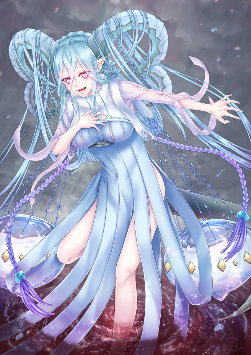 1girl absurdres blue_dress blue_eyebrows blue_hair blue_nails braid breasts commentary_request curled_horns dress fangs fate/grand_order fate_(series) hair_between_eyes highres horns large_breasts larva_tiamat_(fate) long_hair long_sleeves nail_polish open_mouth pointy_ears ribbed_dress short_eyebrows shoukaze_(syoubu0615) side_braids solo symbol-shaped_pupils tiamat_(fate) very_long_hair violet_eyes x_x