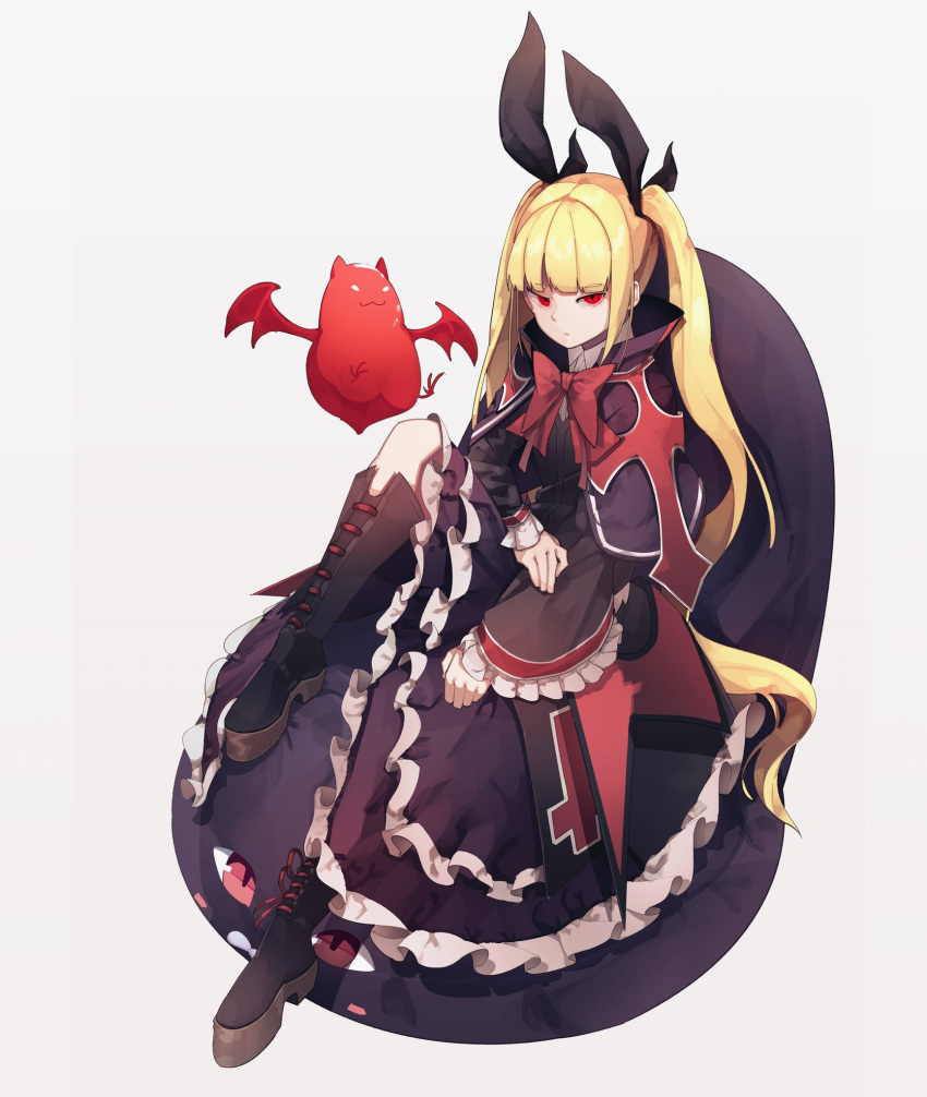 1girl bangs black_bow black_dress black_footwear blazblue blunt_bangs blush blush_stickers boots bow capelet closed_mouth creature cross dress eyebrows_visible_through_hair flying frilled_dress frilled_sleeves frills grey_background h.pn hair_bow highres long_hair purple_capelet rachel_alucard red_bow red_eyes simple_background sitting sleeves_past_wrists twintails vampire very_long_hair