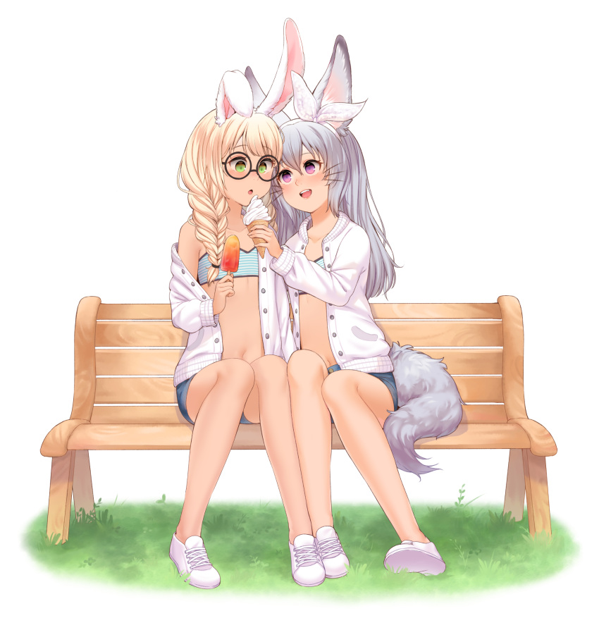 2girls animal_ears bench black-framed_eyewear blonde_hair blue_shorts blush braid commission crop_top denim denim_shorts eyebrows_visible_through_hair flat_chest food fox_ears fox_girl fox_tail glasses green_eyes grey_hair highres holding holding_food ice ice_cream_cone ice_cube long_hair looking_at_another multiple_girls navel open_mouth original parted_lips popsicle rabbit_ears rabbit_girl round_eyewear shoes short_shorts shorts single_braid sitting smile sneakers susukitten tail teeth twin_braids twintails upper_teeth violet_eyes whiskers white_footwear