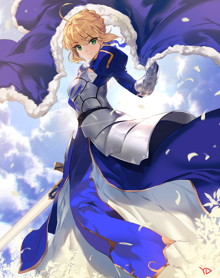 1girl ahoge artoria_pendragon_(all) blonde_hair blue_ribbon breasts cleavage_cutout clothing_cutout excalibur_(fate/stay_night) fate/grand_order fate/stay_night fate/zero fate_(series) green_eyes hair_bun hair_ribbon holding holding_weapon juliet_sleeves long_sleeves medium_breasts puffy_sleeves ribbon saber solo sword weapon ydh2101