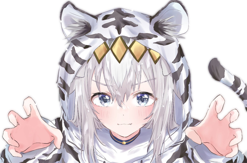 1girl animal_costume animal_print bangs blue_eyes blush claw_pose closed_mouth commentary_request dot_nose fang grey_hair ha_(hura76752775) highres hood hood_up long_hair looking_at_viewer oguri_cap_(umamusume) shirt simple_background smile solo tiger_costume tiger_print umamusume upper_body v-shaped_eyebrows white_background white_shirt