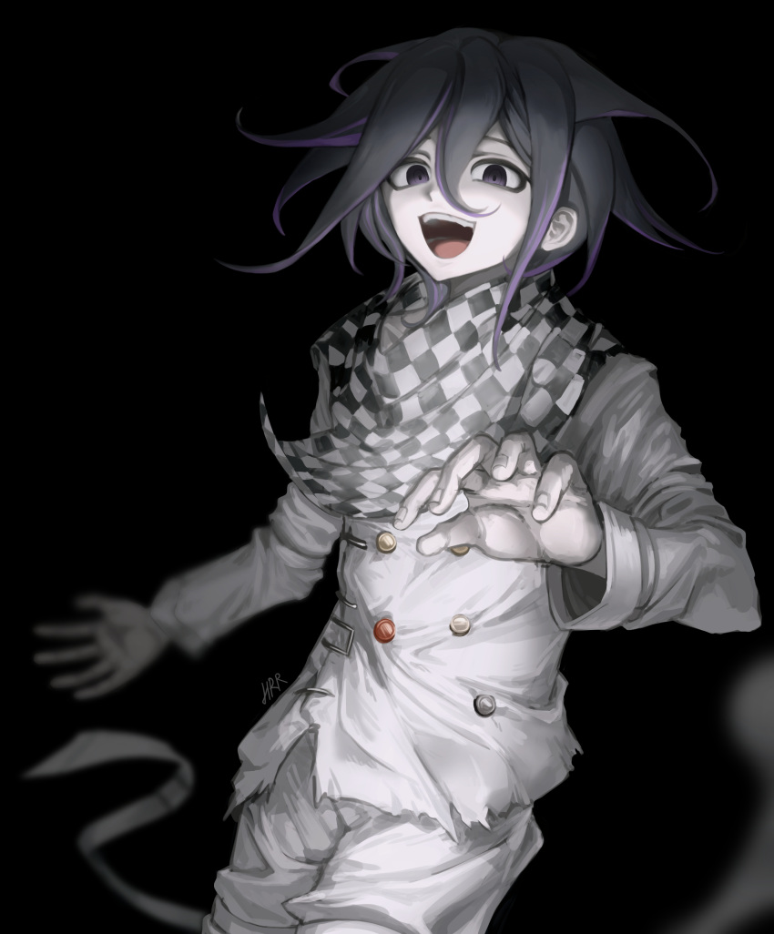 1boy :d absurdres artist_name bangs black_background black_hair black_scarf buttons checkered_clothes checkered_scarf commentary_request cowboy_shot danganronpa_(series) danganronpa_v3:_killing_harmony double-breasted grey_jacket grey_pants hair_between_eyes harari highres jacket long_sleeves male_focus multicolored_hair ouma_kokichi pants purple_hair scarf smile solo teeth two-tone_hair upper_teeth white_scarf