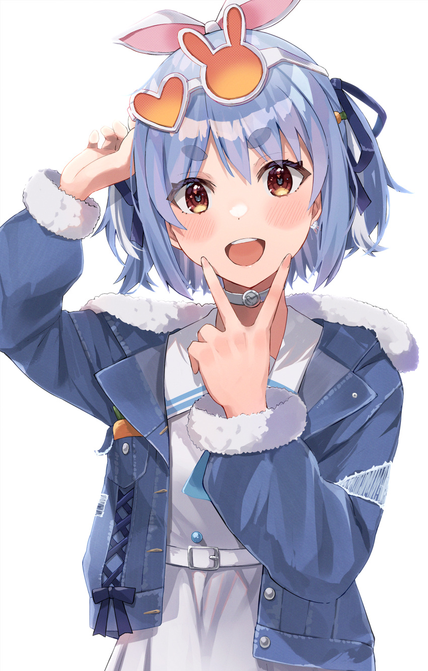 1girl :d absurdres animal_ears arm_up blue_hair blue_jacket blue_ribbon blush brown_eyes choker commentary_request dress fur-trimmed_jacket fur-trimmed_sleeves fur_trim hair_ribbon hand_up haru_yu heart heart-shaped_eyewear highres hololive jacket long_sleeves looking_at_viewer open_clothes open_jacket orange-tinted_eyewear puffy_long_sleeves puffy_sleeves rabbit_ears ribbon short_eyebrows short_hair simple_background smile solo teeth thick_eyebrows tinted_eyewear two_side_up upper_teeth usada_pekora v_over_mouth virtual_youtuber white-framed_eyewear white_background white_choker white_dress